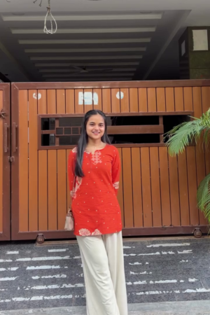 Rust Orange Embroidered Straight Kurti