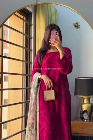 Magenta Schiffli Kurta Pant Set with Dupatta