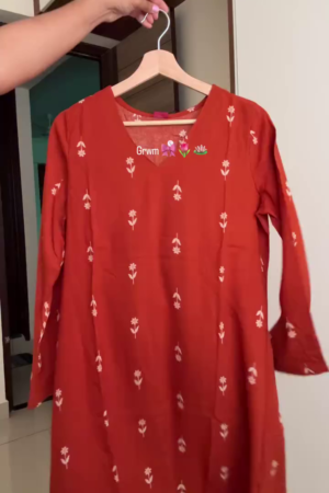 Rust Red Floral Printed A-Line Kurta