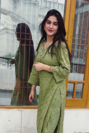Olive Green Schiffli Embroidered Straight Kurta