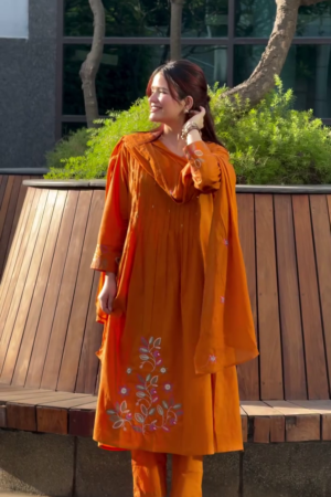 Rust Orange Embroidered A-Line Kurta Set