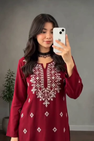 Maroon Embroidered Short Kurti